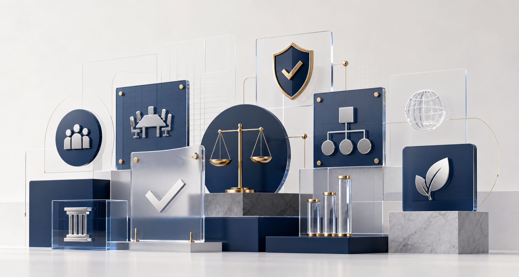 Abstract governance framework with oversight, reporting, and accountability symbols